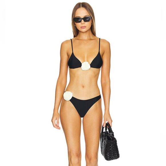 Lovers + Friends Willa rosette triangle Top Black White Bikini swim Revolve M - Picture 2 of 9
